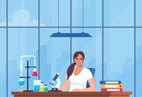 Scientist in chemistry laboratory working on research and exploration. Flasks, vials, test tubes with substance. Lab research, testing, studies in chemistry. Vector illustration.