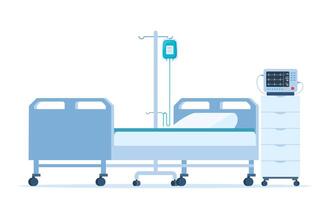 vacío intensivo cuidado unidad. hospital cama con médico equipo, cardíaco monitor y intravenoso goteo. cuidado de la salud y tratamiento en moderno clínica. vector ilustración.