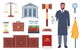 Symbols of justice. Judge in black robe, law book, judicial gavel, weights of justice, courthouse, briefcase. Vector illustration.