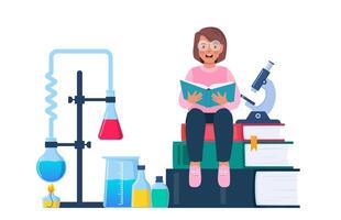 Little kid studying chemistry. Chemist's workplace with books and laboratory equipment. Research and exploration. Studies in chemistry. Vector illustration.