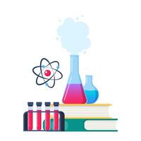 Chemical laboratory research. Chemical Laboratory equipment and books. Lab research, testing, studies in chemistry. Vector illustration.