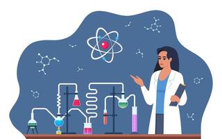 Scientist in chemistry laboratory working on research and exploration. Flasks, vials, test tubes with substance. Lab research, testing, studies in chemistry. Vector illustration.