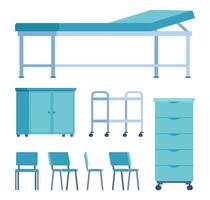 Hospital furniture elements. Doctors office interior elements. Medical couch, chair, bedside table, cart. Vector illustration.