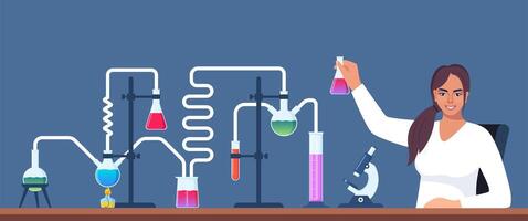 Scientist in chemistry laboratory working on research and exploration. Flasks, vials, test tubes with substance. Lab research, testing, studies in chemistry. Vector illustration.