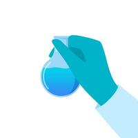 Chemical flask in hand. Gloved hand holding a flask. Liquid in vial. Concept of vaccine, chemical experiments, medical research, science achievement. Vector illustration.