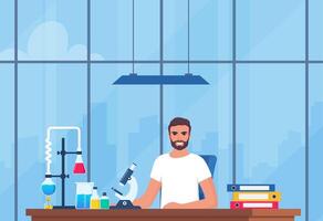 Scientist in chemistry laboratory working on research and exploration. Flasks, vials, test tubes with substance. Lab research, testing, studies in chemistry. Vector illustration.