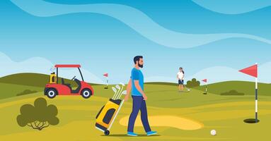 Man playing golf. Golfer with golf club on green grass, bag with professional equipment and driving cart, sport game outdoor concept. Summer hobby and recreation. Vector illustration.