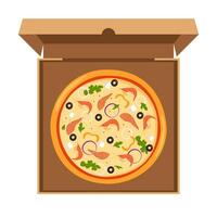 Fresh round pizza with fish, shrimp, cheese, olive, onion, basil. Traditional Italian fast food. Top view meal in an open cardboard box. Vector illustration.