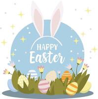 Easter Eggs in Green Grass with Bunny Ears, Happy Easter greeting card in simple flat vector style