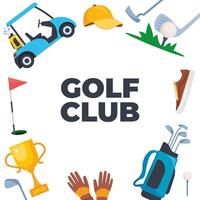 Golf equipment set. Professional items to play the sport, clothing and accessories. Golf player, bag, putter, golfer, ball, hole, course, gloves, shirt, cup, car. Vector illustration.