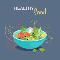abundante azul cuenco de sano ensalada con un variedad de verduras, legumbres, y nueces elementos vector ilustración en sencillo plano estilo