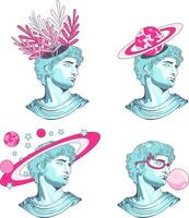 Apollo statues in blue color, set of heads with flowers, planets stars solar system, in retro glasses and inflating bubble, pop-up flat vector