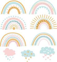 Set of cute vector rainbows in scandi pastel shades, clouds with stars, hearts, raindrops, kawaii adorable for girl, delicate drawings in simple flat style.