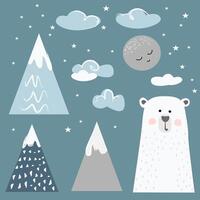 Set of vector elements Cute cartoon teddy bear, mountains with snow caps, clouds, moon with smiling eyes, pictures for children's design with watercolor textures