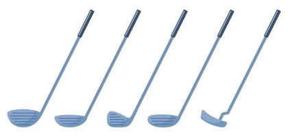 Set of golf clubs for different shots and shapes. Golfer sports equipment. Active lifestyle. Vector illustration.