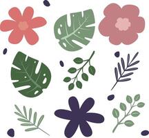 Abundant Bouquet of Diverse Flowers and Leaves on White Background tropical elements vector illustration in simple flat style