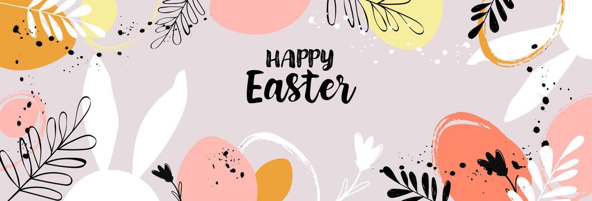 Vector Happy Easter banner Trendy Easter design, hand painted elements, silhouettes of eggs bunny rabbit and leaves flowers in pastel colors. Modern flat minimalistic style. Horizontal poster, card