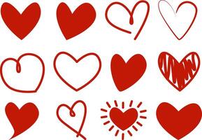 Vector set of red hearts doodles hand drawn in primitive style