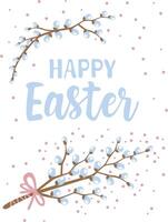 un contento Pascua de Resurrección tarjeta con sauce ramas y un rosado arco. sauce árbol flores en sencillo plano vector estilo.