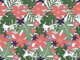 Seamless Floral Pattern with Pink Flowers and Green Leaves on White Background elements vector illustration in simple flat style