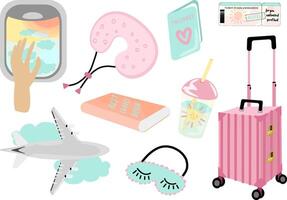 Cute simple travel kit. A suitcase on wheels, a sleep mask, a book, a passport, a glass of water, tickets, a boarding pass, a view from an airplane window, a neck pillow, painted in a pastel palette. vector