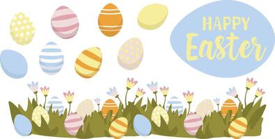 A Group of Colorful Easter Eggs in the Green Grass, with Bunny Ears. Vector set of elements for Happy Easter. Banner with inscription, seamless path pattern, clip art colorful eggs