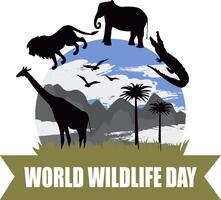 Vector background black silhouettes of wild animals on mountains background, World Wildlife Day background, round frame, simple flat vector illustration