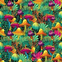 Vector seamless pattern of bright neon magic mushrooms of fancy shape and magic plants on a black background.