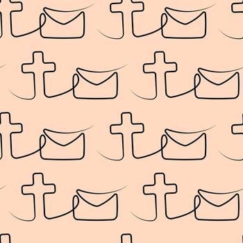 Seamless pattern with Christian Cross and envelope in line vector