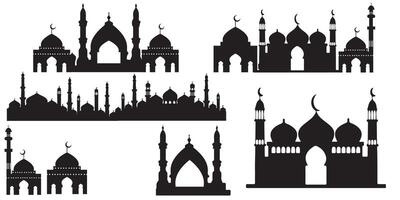 Set of Eid Mubarak night mosque silhouette for Ramadan design vector