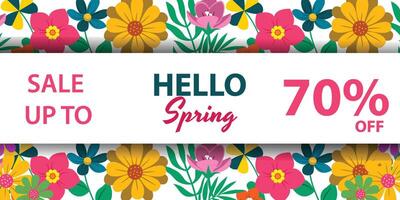 horizontal frame spring background illustration with flowers and leaves. bird houses on trees, flower carts and beautiful spring views vector