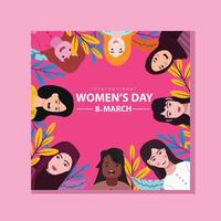 Happy Women's day square design set. March 8 holiday background with diverse female characters and flowers in the shape of a heart and the number 8 symbolizes female love and friendship. vector