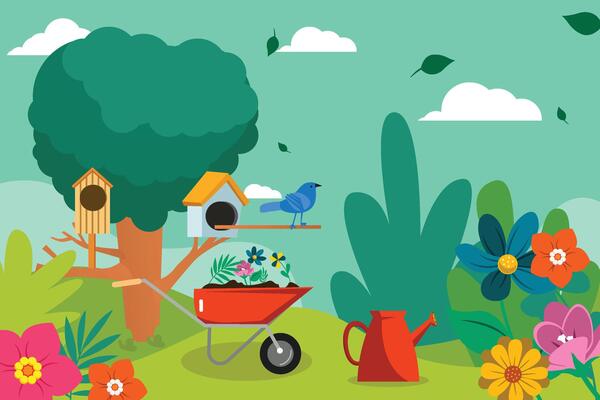 horizontal frame spring background illustration with flowers and leaves. bird houses on trees, flower carts and beautiful spring views