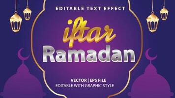 editable texto efecto iftar Ramadán oro y Arábica decoración con 3d fuente concepto vector