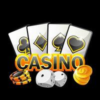 negro dorado icono para el casino. vector ilustración póker tarjetas, dado, monedas y chip juegos.