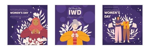 iwd inspirar inclusión campaña, internacional De las mujeres día 2024 cuadrado social medios de comunicación enviar modelo colección caracteristicas un diversidad de mujer haciendo el corazón gesto con su manos. vector