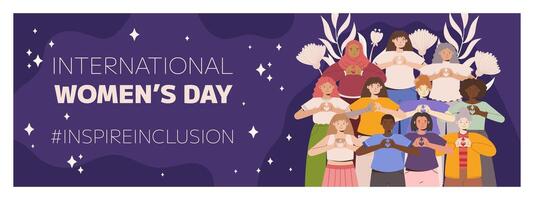 iwd inspirar inclusión campaña, internacional De las mujeres día 2024 horizontal bandera modelo caracteristicas un diversidad de mujer haciendo corazón gesto con su manos. vector ilustración plano estilo.