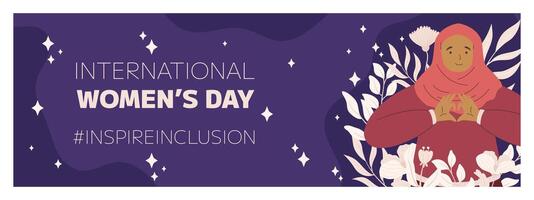 iwd inspirar inclusión campaña, internacional De las mujeres día 2024 horizontal bandera modelo caracteristicas un diversidad de mujer haciendo corazón gesto con su manos. vector ilustración plano estilo.