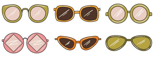 Set of different retro style, hippie sunglasses. Retro aesthetic vibe, 70's. Hand drawn vector flat style vector illustrations