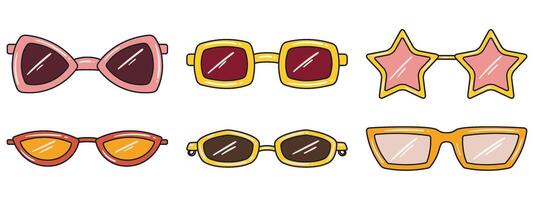 Set of different retro style, hippie sunglasses. Retro aesthetic vibe, 70's. Hand drawn vector flat style vector illustrations