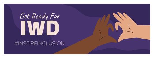 IWD Inspire Inclusion campaign, International Women's Day 2024 Horizontal banner template features variety of hands showing the heart gesture. Vector illustration flat style.