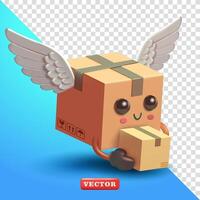 paquete o empaquetar caja personaje mascota volador mientras que lleva un entrega caja, 3d vector. adecuado para negocio y comercio electrónico vector