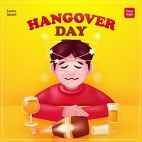 Hangover Day. Drunk man with drinks and bottles of alcohol on the table. 3d vector, suitable for events vector