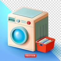 Lavado máquina y pila de tela en cesta. 3d vector, adecuado para lavandería y diseño elementos vector