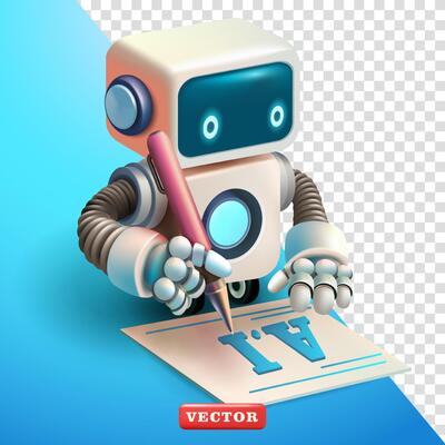 Robot writing on paper, 3d vector. Suitable for business and technology
