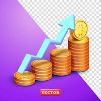 Rise of cryptocurrencies, stacked coin elements, and a rising arrow. 3d vector, suitable for high profits in the stock market and crypto uptrend in the market vector