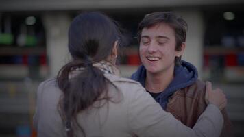 Mother Meeting Son at Train Station Talking Together after a long time video