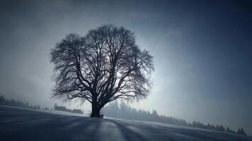 silhouette de Célibataire arbre dans hiver neige paysage en plein air video