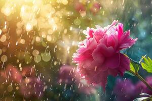 AI generated Sunlit Peony in Summer Rain photo