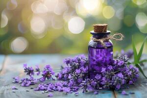 AI generated Lavender Oil Bottle with Natural Backdrop photo